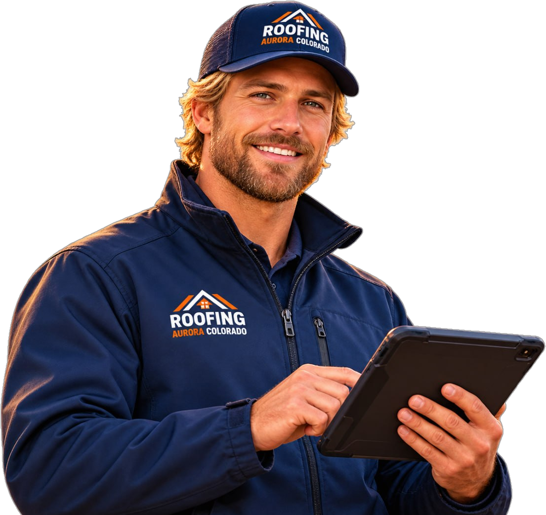 Illustration of a roofing professional holding a tablet