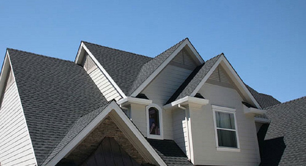 Home with a steep, multi-gabled asphalt shingle roof